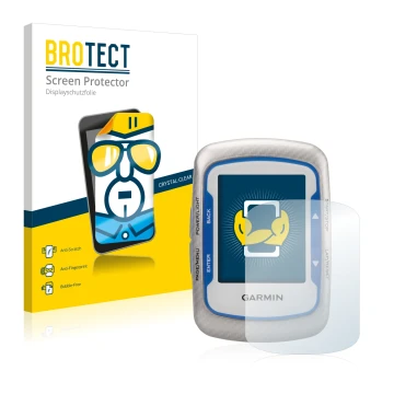 Parte frontale di una confezione del prodotto con il logo del marchio BROTECT. Accanto è raffigurato il dispositivo Garmin Edg