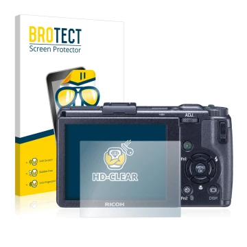 Parte frontale di una confezione del prodotto con il logo del marchio BROTECT. Accanto è raffigurato il dispositivo Ricoh GR D