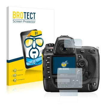 Parte frontale di una confezione del prodotto con il logo del marchio BROTECT. Accanto è raffigurato il dispositivo Nikon D3S 