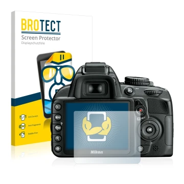 Parte frontale di una confezione del prodotto con il logo del marchio BROTECT. Accanto è raffigurato il dispositivo Nikon D310