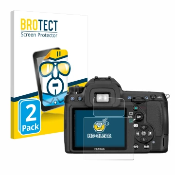 Parte frontale di una confezione del prodotto con il logo del marchio BROTECT. Accanto è raffigurato il dispositivo Pentax K5,