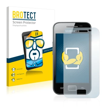 Parte frontale di una confezione del prodotto con il logo del marchio BROTECT. Accanto è raffigurato il dispositivo Samsung Ga