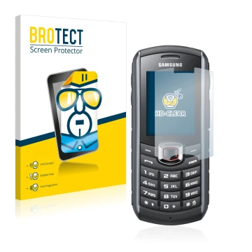 Parte frontale di una confezione del prodotto con il logo del marchio BROTECT. Accanto è raffigurato il dispositivo Samsung GT