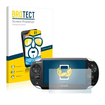 Parte frontale di una confezione del prodotto con il logo del marchio BROTECT. Accanto è raffigurato il dispositivo Sony Plays