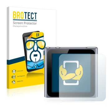 Parte frontale di una confezione del prodotto con il logo del marchio BROTECT. Accanto è raffigurato il dispositivo Apple iPod