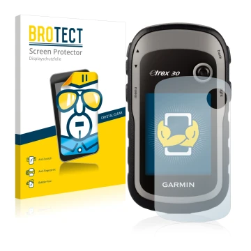 Parte frontale di una confezione del prodotto con il logo del marchio BROTECT. Accanto è raffigurato il dispositivo Garmin eTr