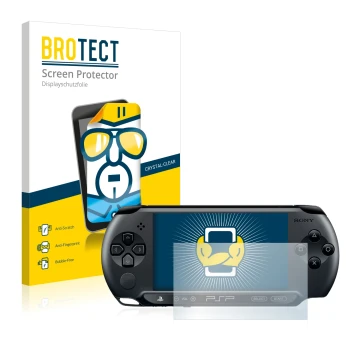 Parte frontale di una confezione del prodotto con il logo del marchio BROTECT. Accanto è raffigurato il dispositivo Sony PSP S