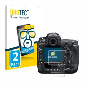 Parte frontale di una confezione del prodotto con il logo del marchio BROTECT. Accanto è raffigurato il dispositivo Nikon D4 c