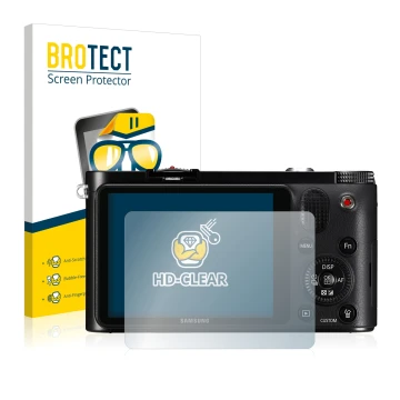 Parte frontale di una confezione del prodotto con il logo del marchio BROTECT. Accanto è raffigurato il dispositivo Samsung NX