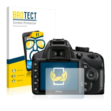 Parte frontale di una confezione del prodotto con il logo del marchio BROTECT. Accanto è raffigurato il dispositivo Nikon D320