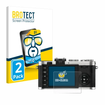 Parte frontale di una confezione del prodotto con il logo del marchio BROTECT. Accanto è raffigurato il dispositivo Leica X2 c