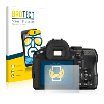 Parte frontale di una confezione del prodotto con il logo del marchio BROTECT. Accanto è raffigurato il dispositivo Pentax K-3