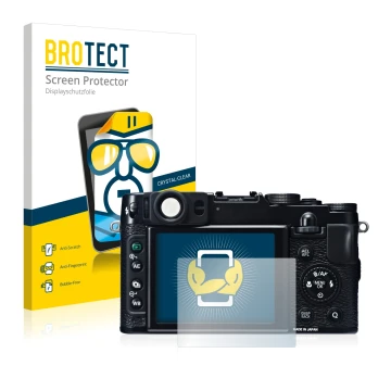 Parte frontale di una confezione del prodotto con il logo del marchio BROTECT. Accanto è raffigurato il dispositivo Fujifilm X