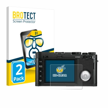 Parte frontale di una confezione del prodotto con il logo del marchio BROTECT. Accanto è raffigurato il dispositivo Leica X Va