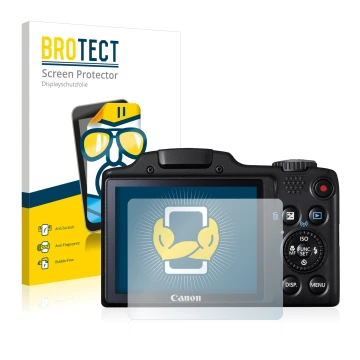 Parte frontale di una confezione del prodotto con il logo del marchio BROTECT. Accanto è raffigurato il dispositivo Canon Powe