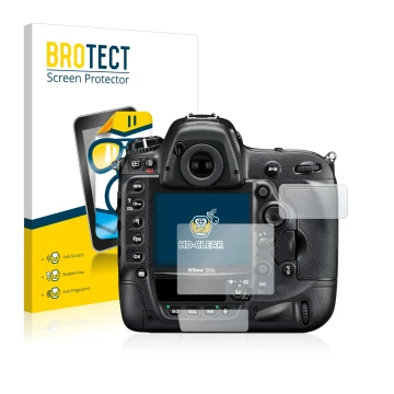 Parte frontale di una confezione del prodotto con il logo del marchio BROTECT. Accanto è raffigurato il dispositivo Nikon D4S 