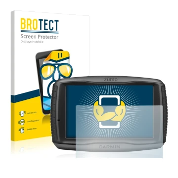 Parte frontale di una confezione del prodotto con il logo del marchio BROTECT. Accanto è raffigurato il dispositivo Garmin zum