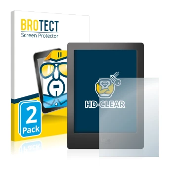 Parte frontale di una confezione del prodotto con il logo del marchio BROTECT. Accanto è raffigurato il dispositivo Kobo Aura 