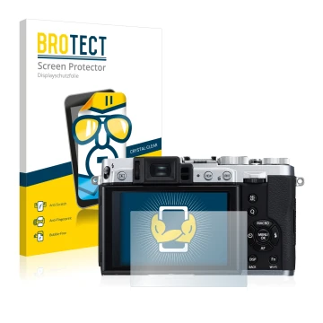 Parte frontale di una confezione del prodotto con il logo del marchio BROTECT. Accanto è raffigurato il dispositivo Fujifilm X