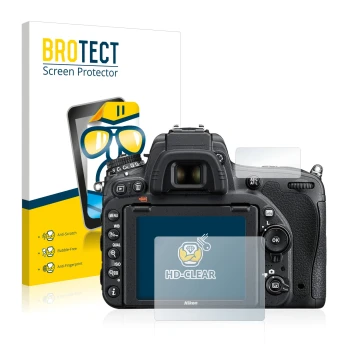 Parte frontale di una confezione del prodotto con il logo del marchio BROTECT. Accanto è raffigurato il dispositivo Nikon D750