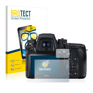 Parte frontale di una confezione del prodotto con il logo del marchio BROTECT. Accanto è raffigurato il dispositivo Samsung NX