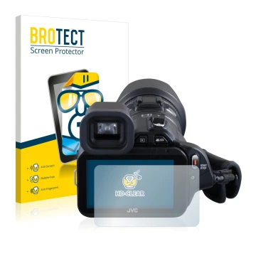 Parte frontale di una confezione del prodotto con il logo del marchio BROTECT. Accanto è raffigurato il dispositivo JVC GC-PX1