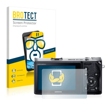 Parte frontale di una confezione del prodotto con il logo del marchio BROTECT. Accanto è raffigurato il dispositivo Samsung NX