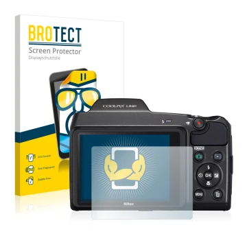Parte frontale di una confezione del prodotto con il logo del marchio BROTECT. Accanto è raffigurato il dispositivo Nikon Cool
