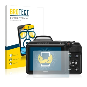 Parte frontale di una confezione del prodotto con il logo del marchio BROTECT. Accanto è raffigurato il dispositivo Nikon Cool