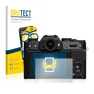 Parte frontale di una confezione del prodotto con il logo del marchio BROTECT. Accanto è raffigurato il dispositivo Fujifilm X