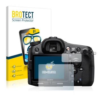 Parte frontale di una confezione del prodotto con il logo del marchio BROTECT. Accanto è raffigurato il dispositivo Sony Alpha