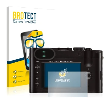 Parte frontale di una confezione del prodotto con il logo del marchio BROTECT. Accanto è raffigurato il dispositivo Leica Q (T