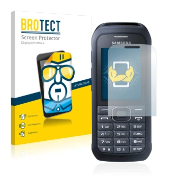 Parte frontale di una confezione del prodotto con il logo del marchio BROTECT. Accanto è raffigurato il dispositivo Samsung Xc