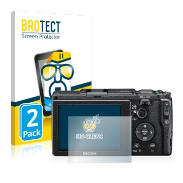 Parte frontale di una confezione del prodotto con il logo del marchio BROTECT. Accanto è raffigurato il dispositivo Ricoh GR I