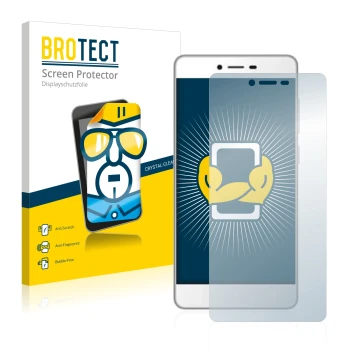 Parte frontale di una confezione del prodotto con il logo del marchio BROTECT. Accanto è raffigurato il dispositivo Gionee F10