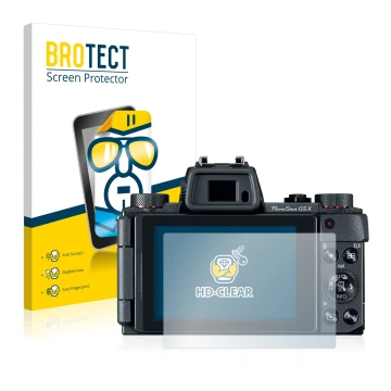 Parte frontale di una confezione del prodotto con il logo del marchio BROTECT. Accanto è raffigurato il dispositivo Canon Powe