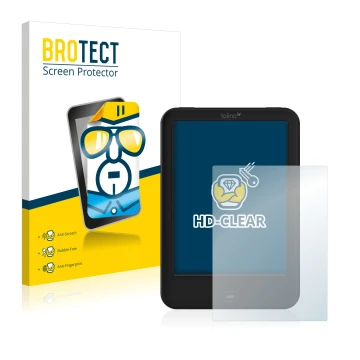 Parte frontale di una confezione del prodotto con il logo del marchio BROTECT. Accanto è raffigurato il dispositivo Tolino Shi