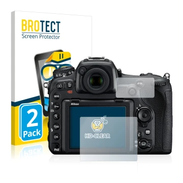 Parte frontale di una confezione del prodotto con il logo del marchio BROTECT. Accanto è raffigurato il dispositivo Nikon D500