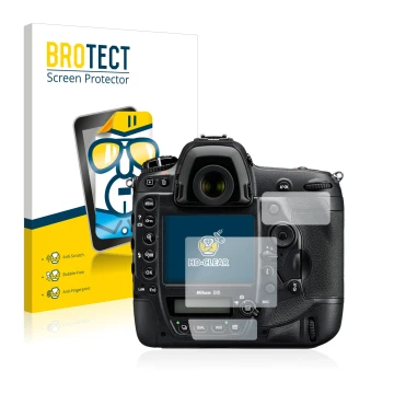 Parte frontale di una confezione del prodotto con il logo del marchio BROTECT. Accanto è raffigurato il dispositivo Nikon D5 c