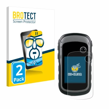 Parte frontale di una confezione del prodotto con il logo del marchio BROTECT. Accanto è raffigurato il dispositivo Garmin eTr