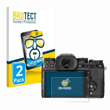 Parte frontale di una confezione del prodotto con il logo del marchio BROTECT. Accanto è raffigurato il dispositivo Fujifilm X