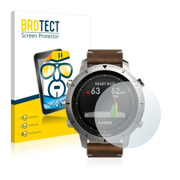 Parte frontale di una confezione del prodotto con il logo del marchio BROTECT. Accanto è raffigurato il dispositivo Garmin Fen