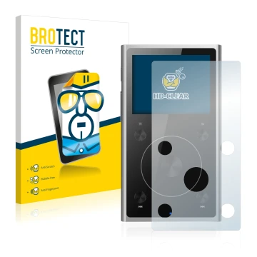 Parte frontale di una confezione del prodotto con il logo del marchio BROTECT. Accanto è raffigurato il dispositivo FiiO X1 II