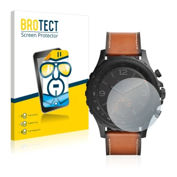 Parte frontale di una confezione del prodotto con il logo del marchio BROTECT. Accanto è raffigurato il dispositivo Fossil Q N