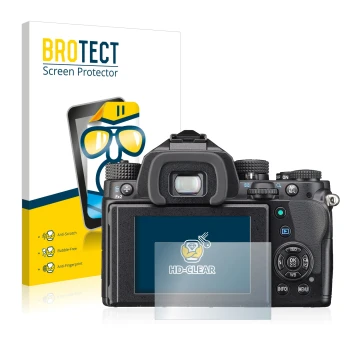 Parte frontale di una confezione del prodotto con il logo del marchio BROTECT. Accanto è raffigurato il dispositivo Pentax KP 