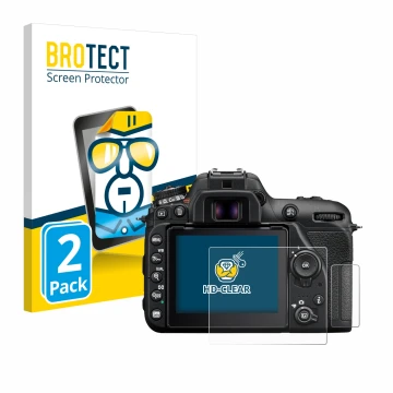Parte frontale di una confezione del prodotto con il logo del marchio BROTECT. Accanto è raffigurato il dispositivo Nikon D750