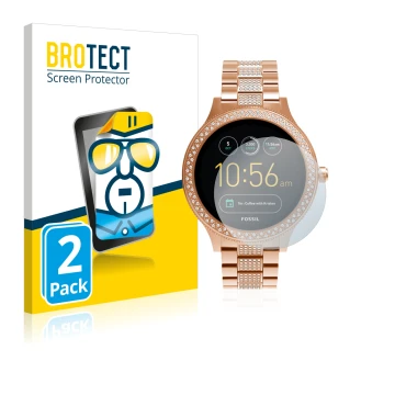 Parte frontale di una confezione del prodotto con il logo del marchio BROTECT. Accanto è raffigurato il dispositivo Fossil Q V