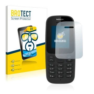 Parte frontale di una confezione del prodotto con il logo del marchio BROTECT. Accanto è raffigurato il dispositivo Nokia 105 