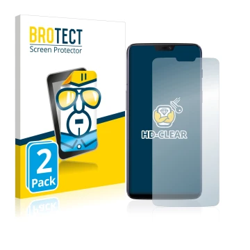 Parte frontale di una confezione del prodotto con il logo del marchio BROTECT. Accanto è raffigurato il dispositivo OnePlus 6 