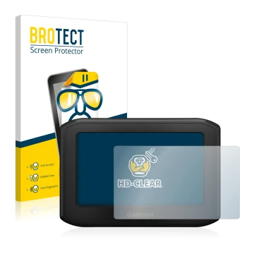 Parte frontale di una confezione del prodotto con il logo del marchio BROTECT. Accanto è raffigurato il dispositivo Garmin zum